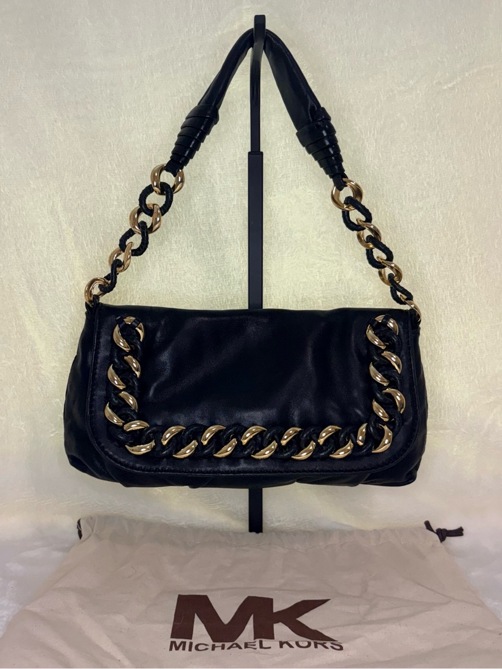 Michael Kors Soft Black Leather Shoulder Bag with Gold Chain Accent